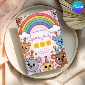 Rainbow Birthday Party Invitation | Cute Animal Kids Party Invite | Editable Printable Digital Download | Party Template | Colorful Birthday