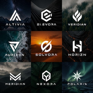 Puede incluir: Nueve diseños de logotipos blancos con formas geométricas y texto, sobre diversos fondos como montañas y bosques. Cada logotipo tiene un nombre único, como ALTIVIA, ELEVORA y VERIDIAN. Los logotipos están diseñados con una estética moderna.