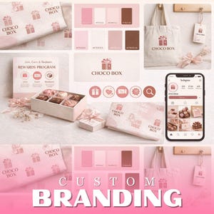 以下が含まれることがあります： 「Choco Box」のブランディングコンセプト。ピンクとブラウンの配色で、パッケージ、トートバッグ、リワードプログラムなどを表示。ブランドロゴと「Custom Branding」のテキストが含まれています。