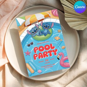 Summer Pool Party Invitation with Cartoon Characters | Pink Flamingo Pool Party Invite | Girl Summer Birthday | Editable Digital Download
