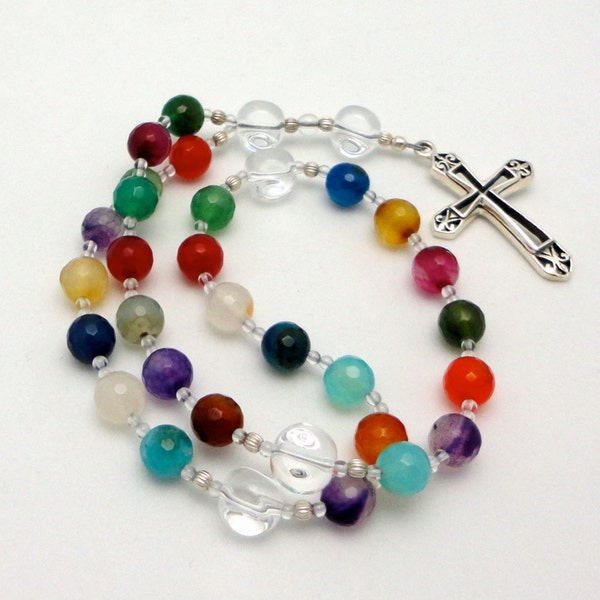 Regenbogen-Achat anglikanische Rosenkranz / protestantischen Gebetskette mit Sterling Silber Kreuz