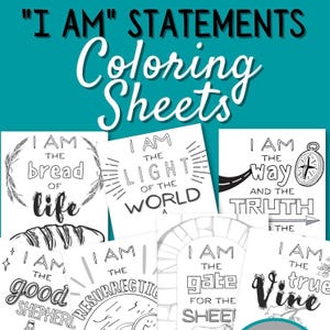 以下が含まれることがあります： 白黒の「I AM」ステートメントぬりえのコレクション。シートには「私は命のパンです」や「私は世界の光です」などのフレーズが記載されています。「ぬりえ」というタイトルは筆記体です。