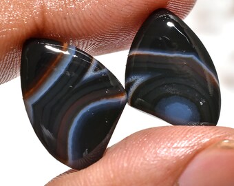 Natural Black Banded Agate Pair, Smooth Polished Cabochons, Flat Back Matching Loose Gemstones