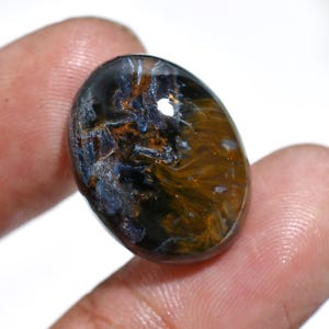 Pode incluir: Uma pedra preciosa oval com uma superfície polida. A pedra apresenta uma mistura de cores azul escuro, castanho e dourado, com padrões em espiral e um acabamento brilhante. A pedra preciosa é segurada entre dois dedos.