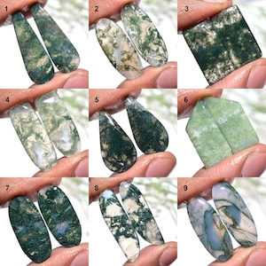 Natural Moss Agate Gemstone Pair, Smooth Green Cabochon Set, Polished Flat-Back Stones for Jewelry