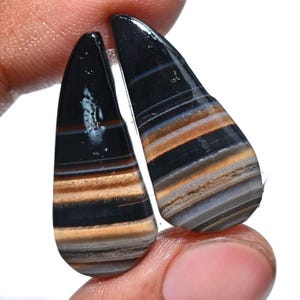 Fancy Form Schwarz gebändert Achat Cabochon Paar - Poliert Passender Edelstein Set, glatte Kristalle mit flachem Rücken Duo für Ohrringe & Schmuckherstellung