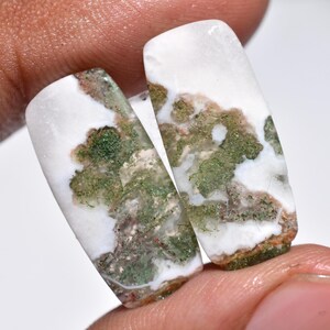 Natural Moss Agate Gemstone Pair, Rectangle Shape Matching Cabochons, Smooth Polished Flat Back Stones