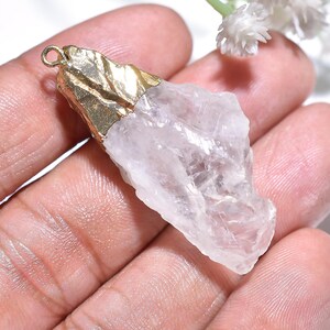 Rough Clear Quartz Electroplated Pendant – Natural Crystal Quartz Cabochon with Gold Plated Cap, Raw Healing Stone Necklace Charm