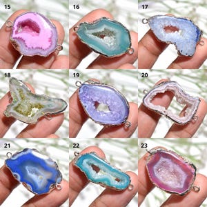 Unique Solar Quartz Geode Slice Connector | Silver Plated Double Bail Pendant | Natural Agate Electroformed Crystal for Boho Jewelry