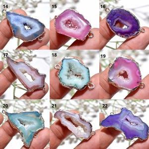 Window Druzy DIY Electroplated Connector, Silver Plated Geode Agate Slice Charm, Double Bail Jewelry Connector, Bracelet Pendant Component