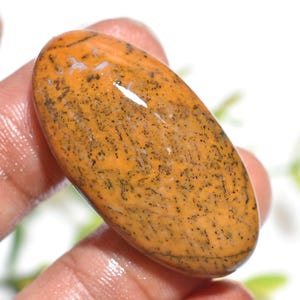 May include: An oval-shaped, polished gemstone with a warm orange base colour. The stone is speckled with black and grey markings, creating a unique pattern. The surface reflects light, highlighting its smooth texture. The gemstone is held by a hand.