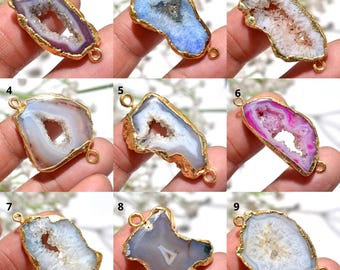 Vergulde roze solar quartz-connector, gegalvaniseerde Druzy Geode Slice Crystal Double Bail-hanger
