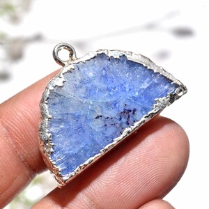 Stalactite Quartz Slice Pendant, Blue Crystal Bezel Slice, Single Loop Charm for Jewelry Crafts