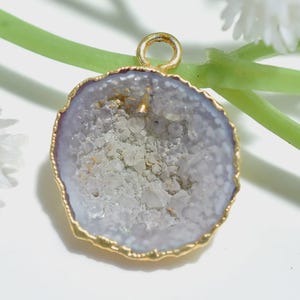 Gold Electroplated Solar Quartz Slice Pendant | Natural Druzy Geode Charm | Unique Crystal Pendant for Boho Jewelry Designs