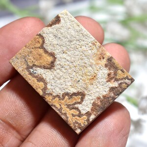 May include: A rectangular stone with a rough, textured surface. The stone features a beige background with brown and tan patterns. The stone is held in a hand, showcasing its natural colors and unique design. The stone's shape is a rectangle.