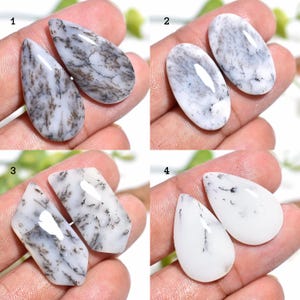 Puede incluir: Cuatro pares de piedras preciosas de ópalo dendrítico pulidas. Cada par presenta una forma única: lágrima, ovalada, rectangular y lágrima modificada. Los ópalos son principalmente blancos con intrincados patrones dendríticos negros y marrones.