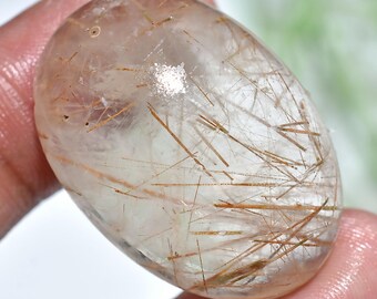 Natural Golden Rutile Quartz Oval Cabochon, Flashy Veins Clear Crystal, Smooth Polished Gemstone