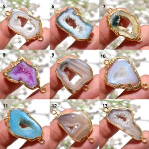 Conector galvanizado de quartzo solar – fatia de drusa com borda dourada e laços duplos, pingente de geodo para colar e fazer joias