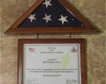 NEW Walnut or Oak Flag Display Case for 3x5 Capitol Flag, Matching 8-1/2" x 11" Certificate Frame
