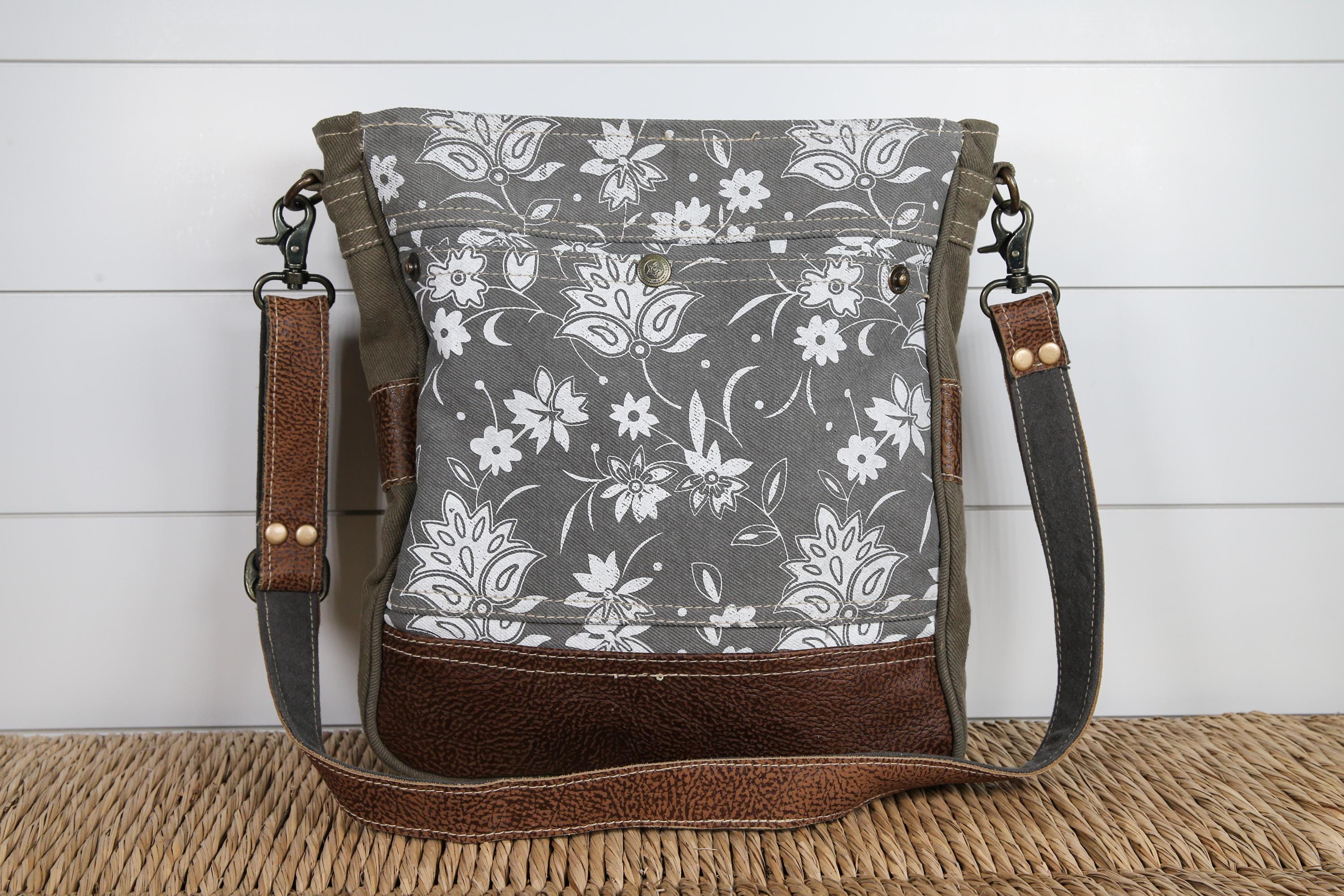 Upcycled Floral Print Canvas Crossbody Bag: Adjustable Leather Strap