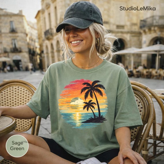 Comfort Colors® Sunset Beach Shirt, Tropical Palm Tree Shirt, Summer Vacation Tee, Ocean Sunset Shirt, Coastal Aesthetic Shirt