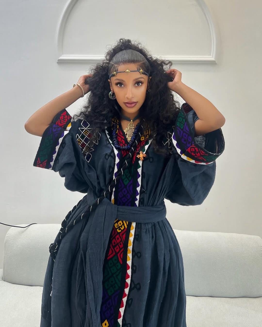 black ethiopian traditional dress Black with Purple Design Crop top coat with trouser Habesha Libs , Modern Ethiopian Cloth L