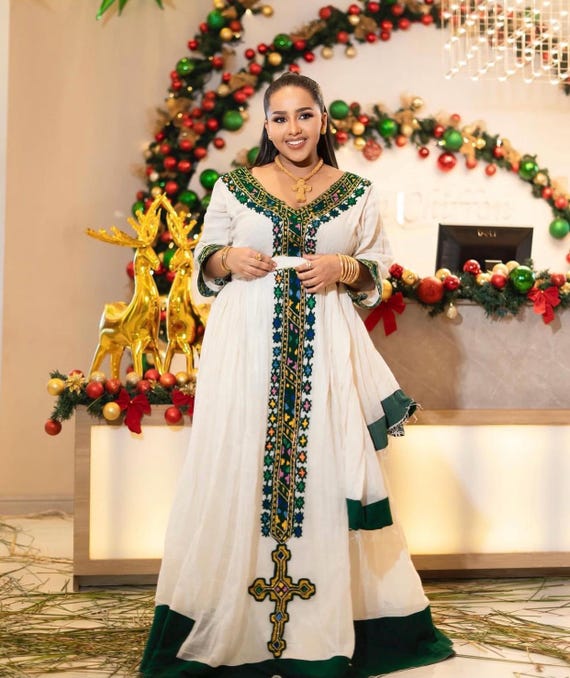 white christmas dresses Stylish Modern Ethiopian Dress with Blue Wide Tilet Design –  TheEthiopianStore main image 1