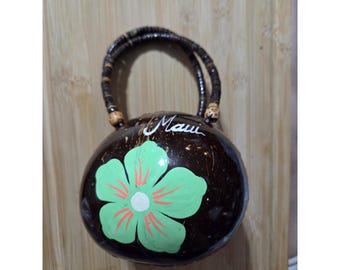 Vintage Hawaii Coconut Shell Hand Painted zippered wooden bead handles ALOHA!