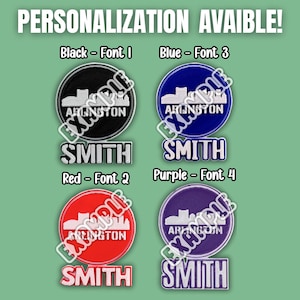 May include: Four patches with the text "PERSONALIZATION AVAIBLE!". Each patch has a different color and font. The patches are black, blue, red, and purple. Each patch has the word "ARLINGTON" and the name "SMITH".