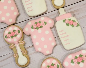 1 Dozen - Baby Shower Favors For Girls, Pink Baby Cookies, Baby In Bloom Cookies