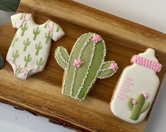 1 Dozen - Cactus Themed Baby Shower Decorated Sugar Cookies
