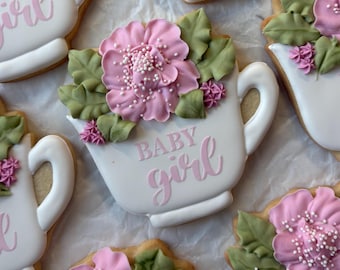 1 Dozen  -A Baby is Brewing Baby Shower Tea Cup Decorated Sugar Cookie Favors - 1 Dozen