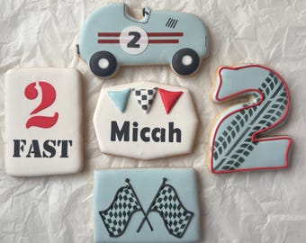 1 Dozen - Personalized TWO FAST Race Car Birthday  Custom Decorated Sugar Cookies.