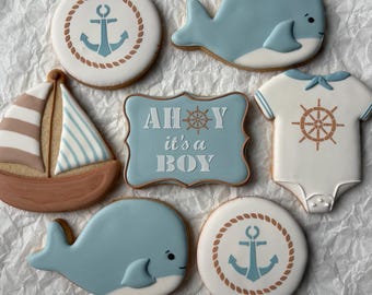 1 Dozen - Ahoy It's a Boy  Baby Shower Decorated Custom Cookies,  Nautical Sailboat Cookies