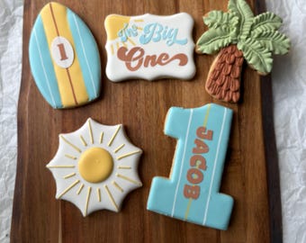 1 Dozen  - The Big One Surfing Cookies, Surfs Up 1st Birthday Party favors