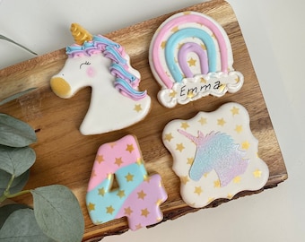 1 Dozen - Personalized Unicorns & Rainbows Birthday Cookies, Unicorn and Rainbow Party Cookies, Personalized Unicorn Favors