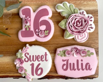 1 Dozen - Personalized Sweet 16 Birthday Cookie Favors, Dessert Table Sweet Sixteen Cookies