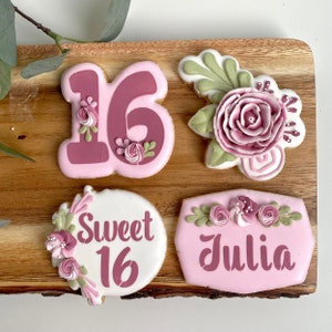 1 Dozen - Personalized Sweet 16 Birthday Cookie Favors, Dessert Table Sweet Sixteen Cookies