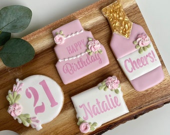 1 Dozen - Pink Flower Birthday Cookies,  Birthday Cookie Gifts for Her, Party Cookies for Dessert Table