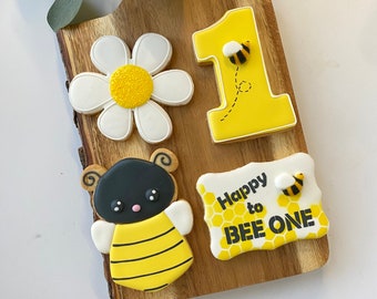 1 Dozen - Happy to Bee One Bumble Bee Birthday Cookies, First Birthday Party Favors