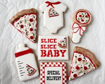 Slice Slice Baby Shower Pizza Special Delivery Decorated sugar cookies - 1 Dozen