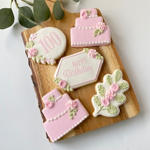 1 Dozen - Pink Flower Birthday Cookies,  Birthday Cookie Gifts for Her, Party Cookies for Dessert Table