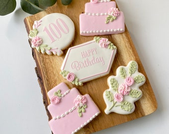 1 Dozen - Pink Flower Birthday Cookies,  Birthday Cookie Gifts for Her, Party Cookies for Dessert Table