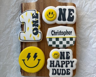 1 Dozen - Personalized One Happy Dude Cookies, 1st Year  Birthday cookies. Choice of eyes - lightening bolts or circles