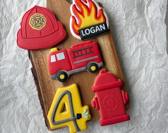 1 Dozen - Personalized Firetruck Fire Department Birthday Cookie Favors - 1 dozen