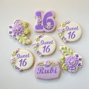 1 Dozen - Personalized Lavender Sweet 16 Birthday Cookie Favors, Dessert Table Sweet Sixteen Cookies
