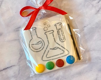 Paint your own science themed cookies, Mad Scientist PYO birthday cookie favors