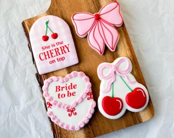 1 Dozen  - She’s the Cherry on Top Bridal Shower Bachelorette Party Cookies,  Bridal Shower Favors, 1 Dozen
