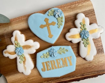 1 Dozen - Personalized Baptism,  Christening, First Communion  Cookies for Boys, Cookie Favors, Religious Cookies