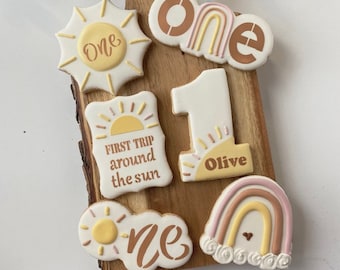 1 Dozen - Personalized Boho First Trip Around the Sun Cookies,  One is the Sun Birthday Cookie Favors